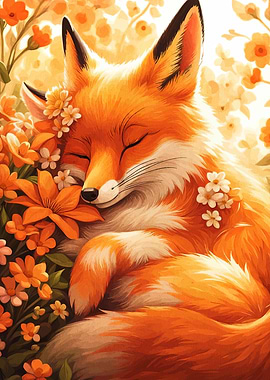 Sleeping Fox with Flowers