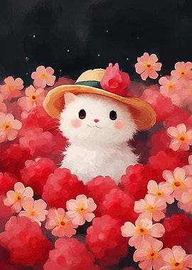 Cute Cat in Flowers with Hat
