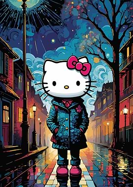 Hello Kitty in Rainy Cityscape