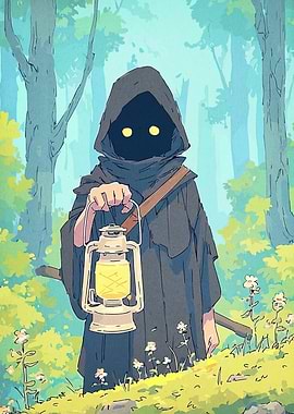 Hooded Figure with Lantern in Forest