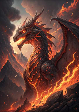 Fiery Dragon in Volcanic Landscape