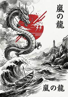 Dragon over the sea ink painting