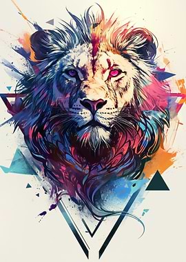 Colorful Lion Portrait with Geometric Accents