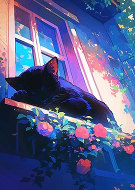 Sleeping Cat on Window Sill