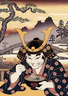 Samurai Cat Eating Ramen