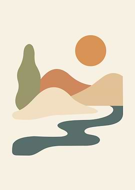 Minimalist Landscape with River and Sun
