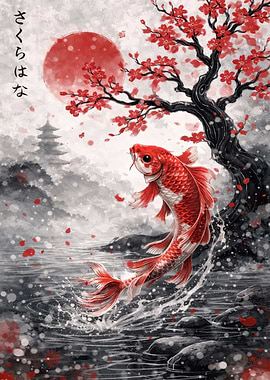 Koi Fish and Cherry Blossoms Art
