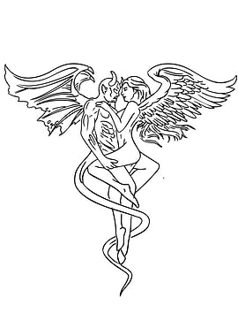 Angel and Devil Embrace Line Art