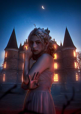 Woman in front of castle at night