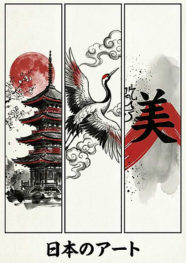 Japanese Art Triptych with Crane and Pagoda