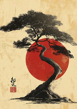 Japanese Bonsai Tree and Red Sun