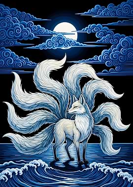 Nine-Tailed Fox in Moonlight
