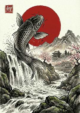 Koi Fish Waterfall Japanese Art