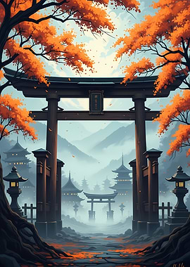 Japanese Torii Gate in Autumn Landscape