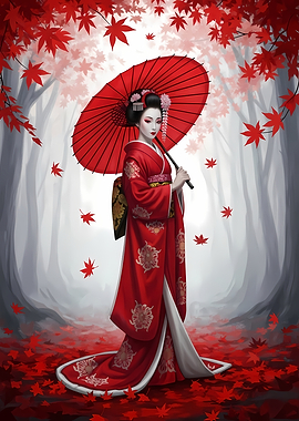 Geisha in Red Kimono with Umbrella