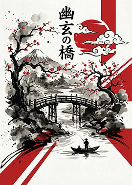 Japanese Landscape with Bridge and Fisherman