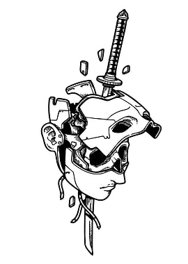Cyborg Skull with Sword Illustration