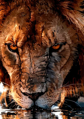 Lion drinking water close-up painting