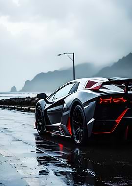 Sleek Sports Car on Wet Road