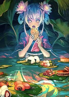 Anime Girl Eating Taiyaki in Pond