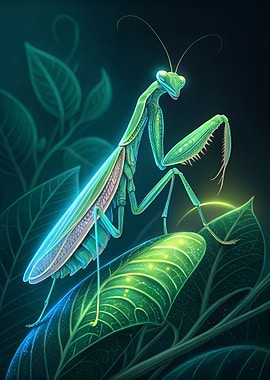 Glowing Praying Mantis on Leaf