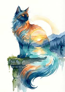 Watercolor Cat with Landscape Silhouette
