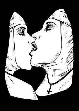 Kissing Nuns Black and White Art