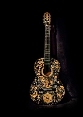 Ornate Acoustic Guitar on Black Background
