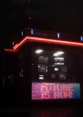 Cyberpunk Building with 'Future is Now'