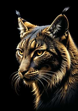 Golden Lynx Portrait on Black Background