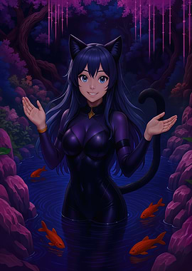 Anime Catgirl in a Magical Pond
