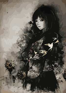 Pensive Girl with Birds and Flowers