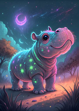 Neon Hippo Under Starry Night Sky