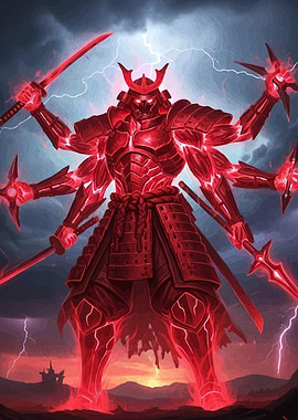 Red Samurai Warrior with Multiple Arms