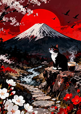 Cat with Coffee, Mount Fuji Backdrop