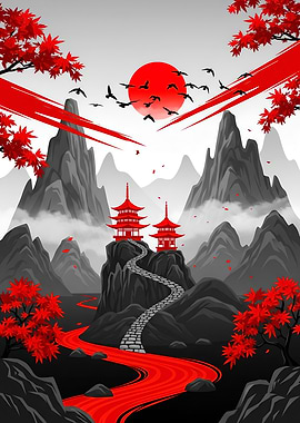Japanese Landscape with Pagodas and Red River