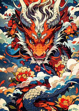 Chinese Dragon with Flowers and Clouds