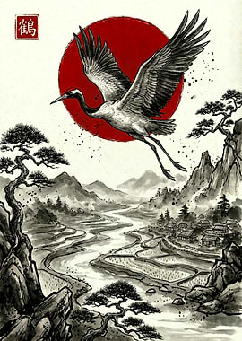 Japanese Crane Ink Landscape Art
