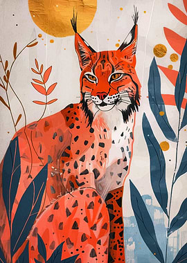 Lynx Portrait with Botanical Elements