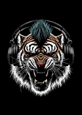Tiger with Headphones and Mohawk