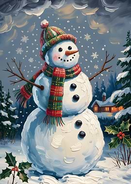 Festive Snowman in Winter Landscape Painting