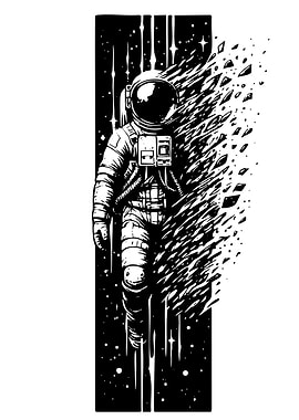 Astronaut disintegration in space, black and white