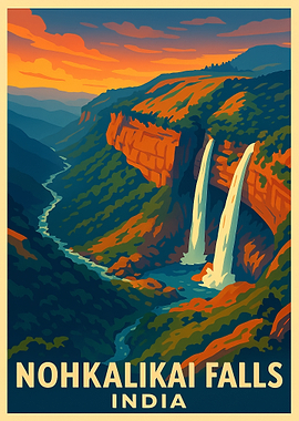 Nohkalikai Falls India Travel Poster