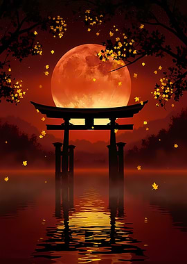 Torii Gate Under a Red Moon
