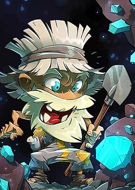 Cartoon Miner with Shovel and Crystals