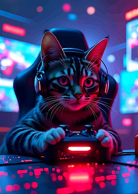 Gaming Cat with Headset and Controller
