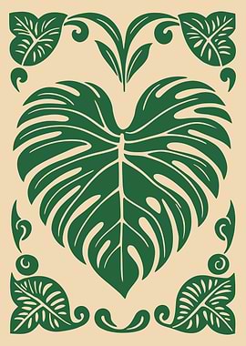 Monstera Leaf Green Beige Illustration
