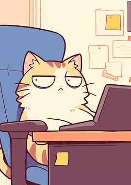 Grumpy Cat at Desk Cartoon