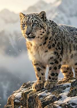 Snow Leopard Portrait in Mountain Landscape