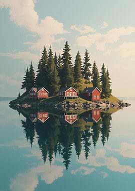 Island with Red Cabins and Reflection
